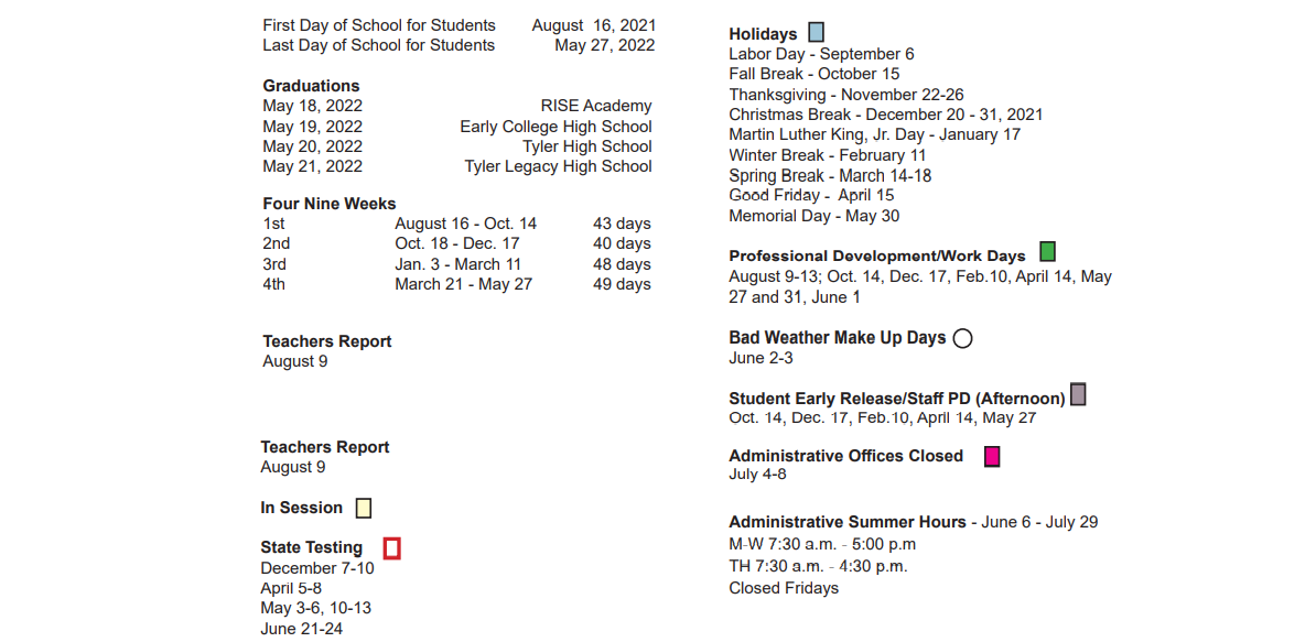 District School Academic Calendar Key for Hogg Middle