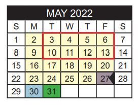 District School Academic Calendar for Jim Plyler Instructional Complex for May 2022