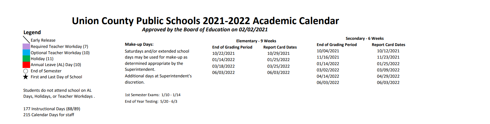 District School Academic Calendar Key for Unionville Elementary