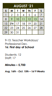District School Academic Calendar for Union Grove Daep for August 2021