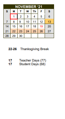 District School Academic Calendar for Union Grove Elementary for November 2021