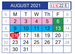 District School Academic Calendar for John B Alexander High School for August 2021