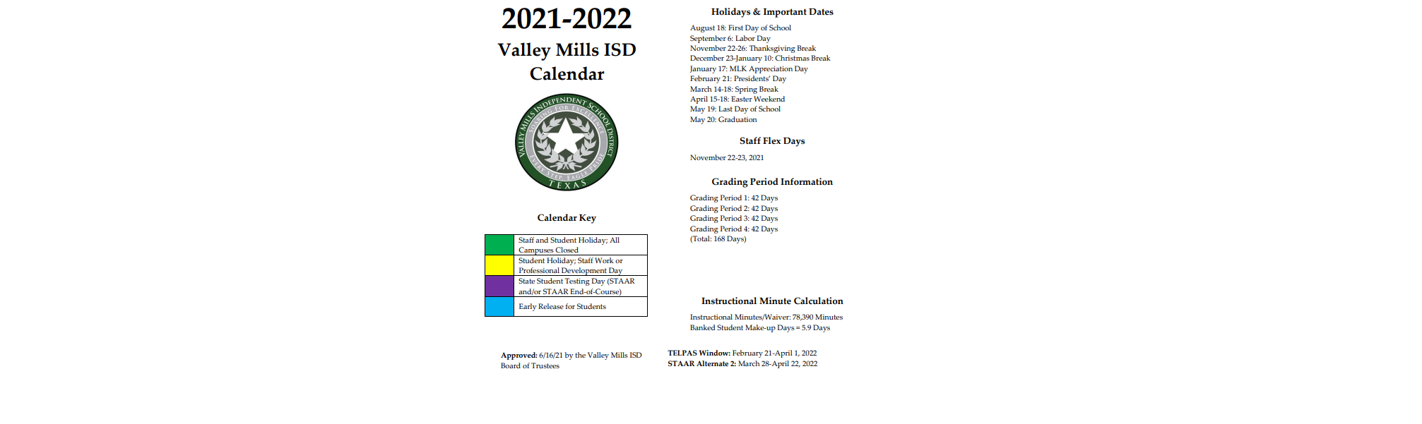 District School Academic Calendar Key for Valley Mills High School