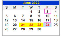 District School Academic Calendar for Valley View South Elementary for June 2022