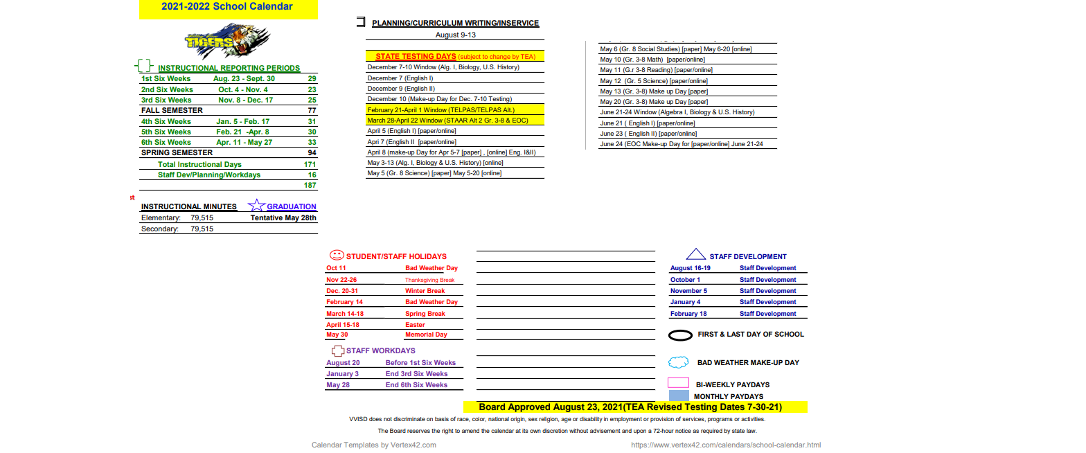 District School Academic Calendar Key for Valley View South Elementary