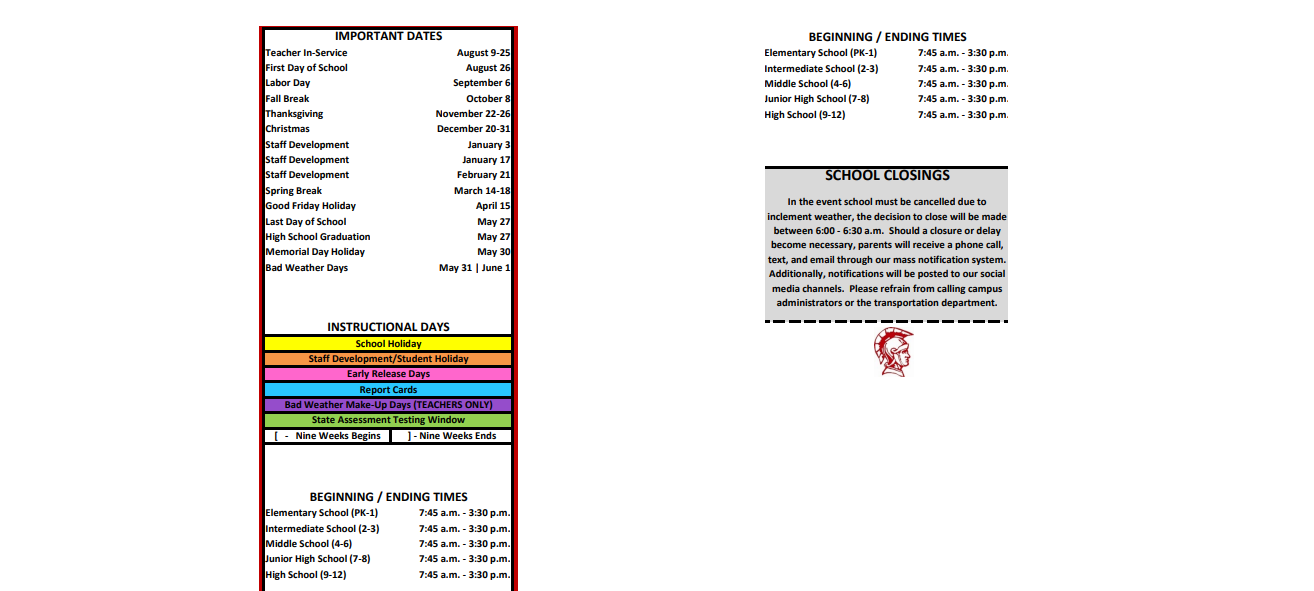 District School Academic Calendar Key for Van Intermediate