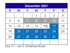 District School Academic Calendar for Van Alstyne Elementary for December 2021