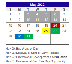 District School Academic Calendar for Van Alstyne Elementary for May 2022
