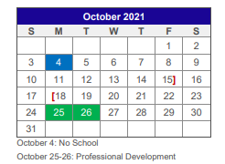 District School Academic Calendar for Van Alstyne Intermediate for October 2021
