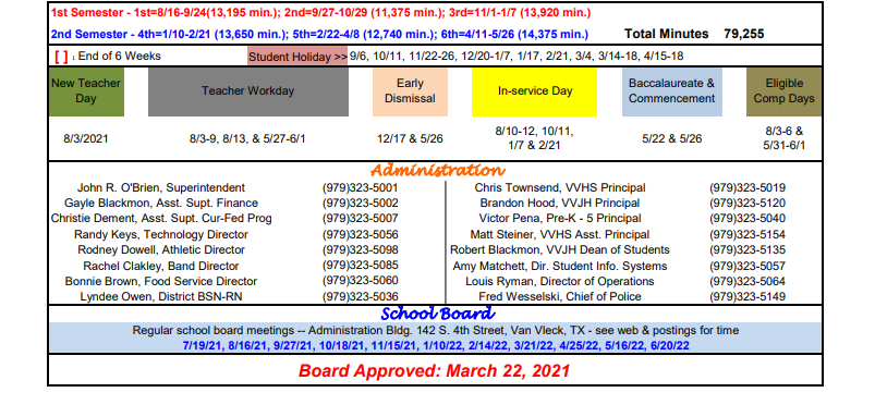 District School Academic Calendar Key for Van Vleck Elementary