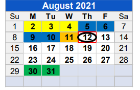 District School Academic Calendar for Learning Center for August 2021