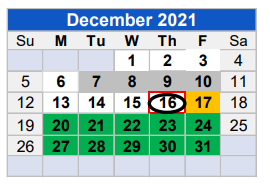 District School Academic Calendar for Learning Center for December 2021