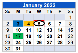 District School Academic Calendar for Learning Center for January 2022