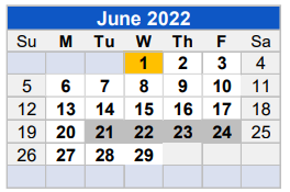 District School Academic Calendar for Learning Center for June 2022