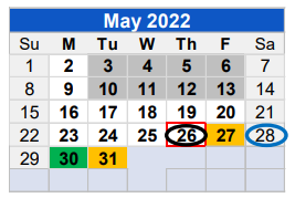 District School Academic Calendar for Juvenile Justice Alternative Ed Pr for May 2022