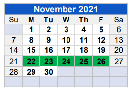 District School Academic Calendar for Learning Center for November 2021