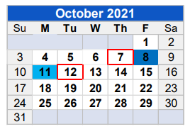 District School Academic Calendar for Learning Center for October 2021