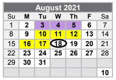 District School Academic Calendar for Central Elementary for August 2021