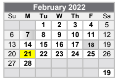 District School Academic Calendar for Central Elementary for February 2022