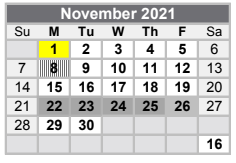 District School Academic Calendar for North Texas State Hospital - Afp - for November 2021