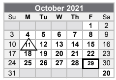 District School Academic Calendar for Central Elementary for October 2021