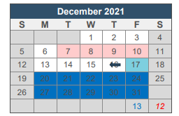 District School Academic Calendar for Homebound for December 2021