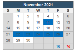 District School Academic Calendar for Martin De Leon Elementary for November 2021