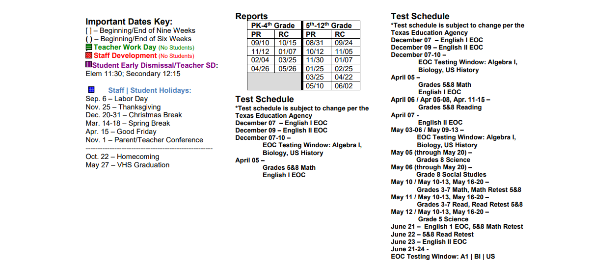 District School Academic Calendar Key for Vidor H S