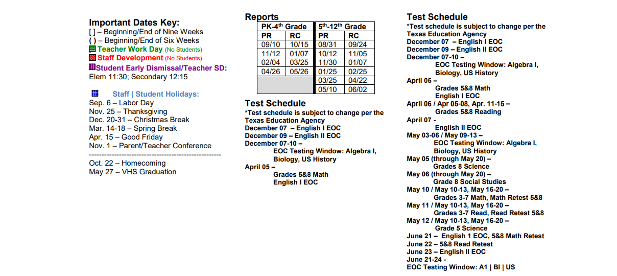 District School Academic Calendar Key for Vidor Middle