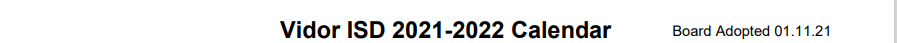 District School Academic Calendar for Vidor H S