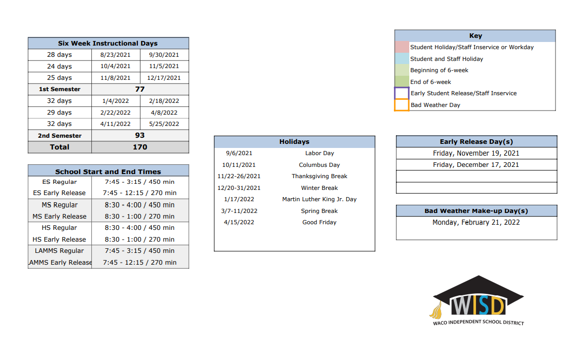 District School Academic Calendar Key for Challenge Academy