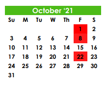 District School Academic Calendar for Special Ed Campus for October 2021