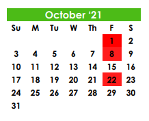 District School Academic Calendar for San Angelo Special Progs for October 2021