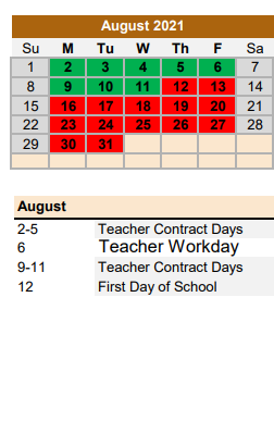 District School Academic Calendar for Fred Elementary for August 2021