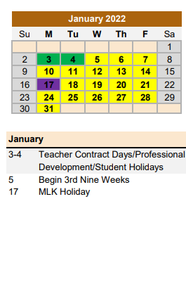 District School Academic Calendar for Fred Elementary for January 2022