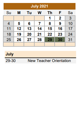 District School Academic Calendar for Fred Elementary for July 2021