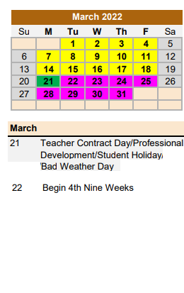 District School Academic Calendar for Fred Elementary for March 2022