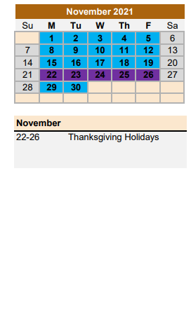 District School Academic Calendar for Warren Elementary for November 2021