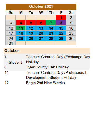 District School Academic Calendar for Fred Elementary for October 2021