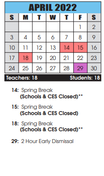 District School Academic Calendar for Bester Elementary for April 2022