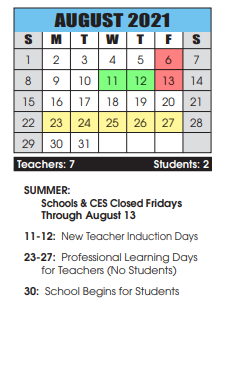 District School Academic Calendar for Bester Elementary for August 2021