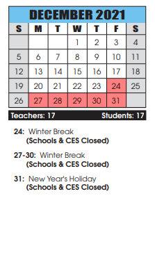 District School Academic Calendar for Eastern Elementary for December 2021