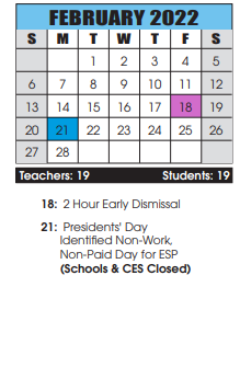 District School Academic Calendar for Marshall Street School for February 2022