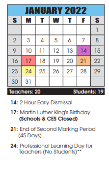 District School Academic Calendar for Marshall Street School for January 2022