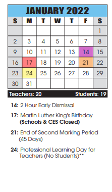 District School Academic Calendar for Clear Spring Middle for January 2022