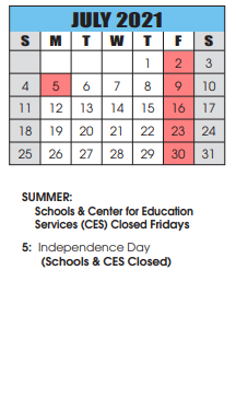 District School Academic Calendar for Salem Avenue Elementary for July 2021