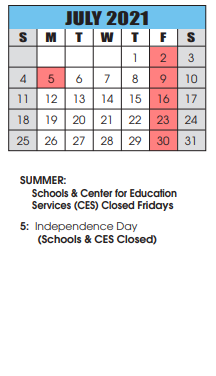 District School Academic Calendar for Pleasant Valley Elementary for July 2021