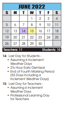 District School Academic Calendar for Washington County Job Development Center for June 2022