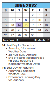 District School Academic Calendar for Emma K. Doub Elementary for June 2022