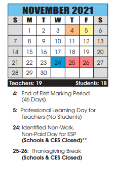 District School Academic Calendar for Washington County Job Development Center for November 2021